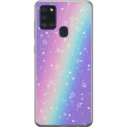 Kompatibelt Mobildeksel til Samsung Galaxy A21s Rainbow-farget pastellbakgrunn med hvite stjerner og gnistrende prikker i myk overgang