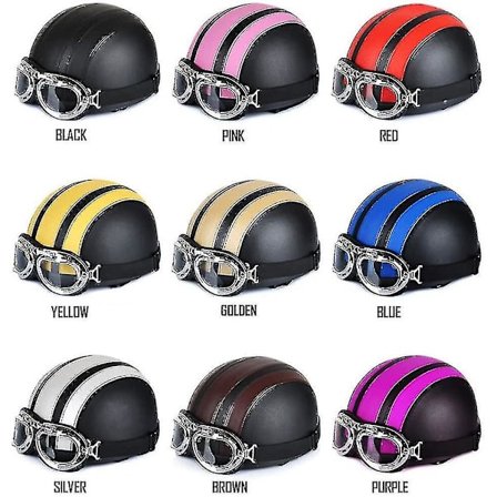 Motorsykkel Scooter Åpen Halv-ansikt Lærhjelm Med Anti-UV Briller Retro Vintage Stil 54-60cm