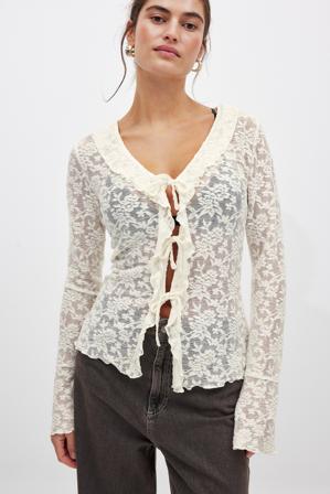 NA-KD Floral Long Sleeve Tie Top - - OffBlanc - XS (EU 32)