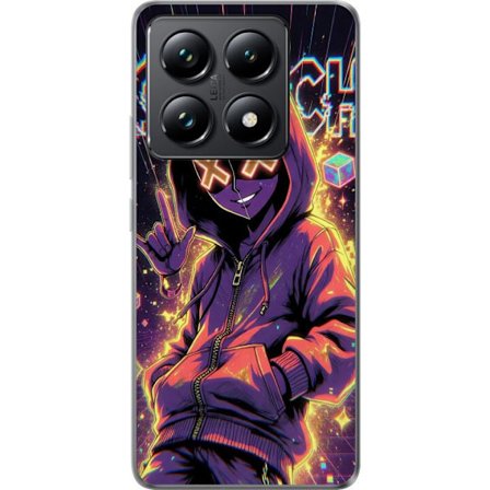Kompatibelt Mobilskal till Xiaomi Xiaomi 14T Pro Cyberpunk-inspirerad hoodie-karaktär med neon, glitch-effekter och mask, futuristisk digital konst f