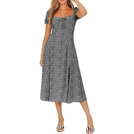 ivimos Dam Sommar Puffärmar Bomull Casual Blommig Tryck Fyrkantig Halsringning Midi Klänning med Slit Svart Stor