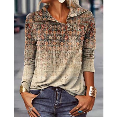 Damblommigt Print Lapel Pullover Color Block Casual Sweatshirt