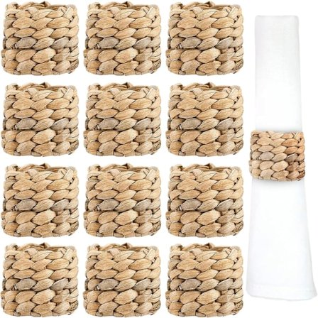 12PK Servietteringer Sett, Naturlig Vannhyasint Servietteringholder, Håndlagde Vevde Servietteringer Serviettspenne Dekorasjon