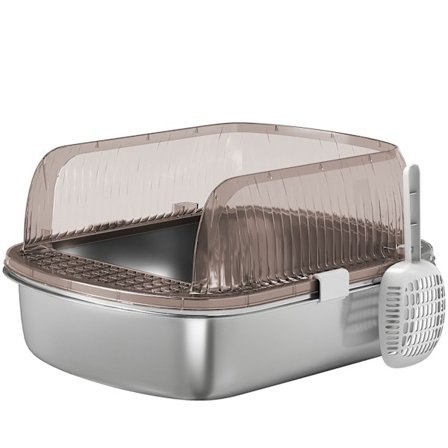 Stor kattebakke i rustfrit stål med ske, 53x42x27cm