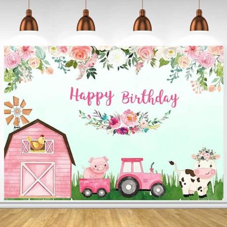 Suloiset maatilaeläinten juhlakoristeet, söpö maalaistalon valokuvaustausta syntymäpäiville, maatilan navetan maisematausta, vauvakutsujen 