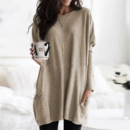 Dam Tunika Toppar i Stor Storlek, Långärmad, Rundhalsad, Lättvikts Sweatshirt, Casual Oversized T-shirt med Fickor (S-5X)