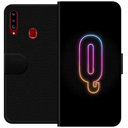 Kompatibelt Lommeboketui til Samsung Samsung Galaxy A20s Minimalistisk neonbokstav Q i skinnende farger mot mørk bakgrunn