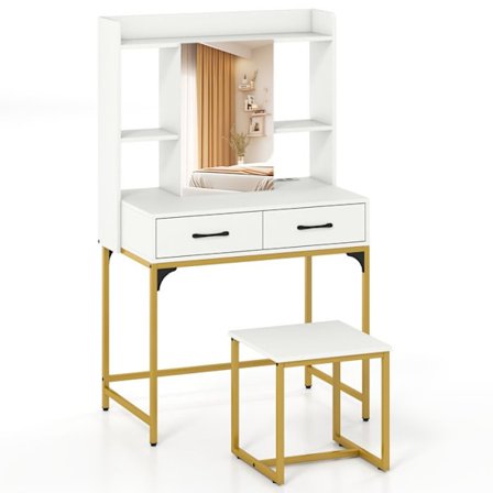 COSTWAY Meikkipöytä Tuolilla ja Peilillä, Meikkipöytä Latausasemalla, Laatikoilla, Avohyllyillä, Valkoinen