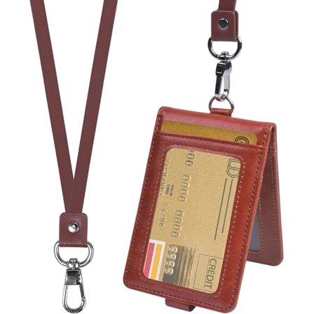Brun - ID-kortholder med lanyard, vertikal læder ID-kortholder, studerende kreditkort adgangsbeskyttelse, rummer op til 5 kort, 1 stk
