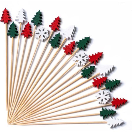 Julecocktailpinner 12 cm 200 Stykker Bambus Fancy Spyd Tannpirkere for Appetittvekkere Mat Drikke Frukt Smørbrød BBQ Julecocktailparty