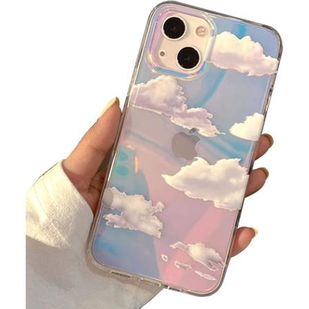 Puhelimen kova kotelo, yhteensopiva iPhone-kotelon kanssa, ohut, kirkas, holografinen, valkoinen pilvi, naisille ja tytöille, kova PC-iskunkestävä 