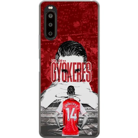 Yhteensopiva Puhelinkuori Sony Xperia 10 II Punainen dramaattinen kollaasikuva, jossa esiintyy Viktor Gyökeresin muotokuva ja pelaajia takaapäin areen