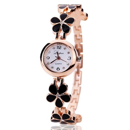 Flickor Chic Fashion Flower Rose Golden Armband Wrist Watch Svart