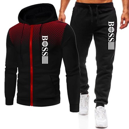 BOSS Herre Tracksuit 2-delt hettegenser langermet jakke med glidelås og avslappet joggebukse treningsdress sett svart-svart svart-svart L