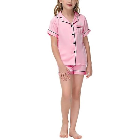 Barn Silke Satin Pyjamas, 2-delt Kortsermet PJs Sett for Gutter & Jenter, Myk Nattøy