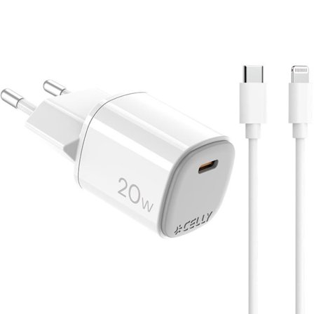 Celly Snabbladdare GaN 1 x USB-C PD 20W + Lightning Kabel