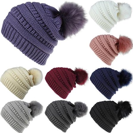 Fasjonable retro hodeplagg dame ensfarget ullball strikkede luer Mørk grå