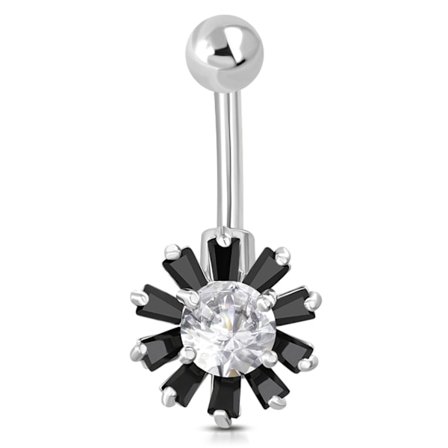 Navelpiercing Navel Piercing i Kirurgiskt Stål 316L i Silver Färg - Blomma med Svarta & Klar CZ Cubic Zirconia