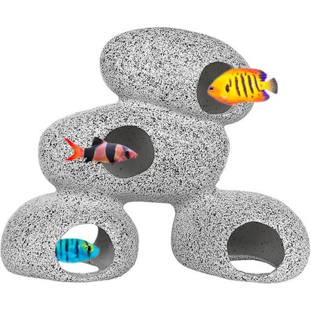 Akvariedekorasjonshuler - Steinhuler for reker, ciklider som gjemmer seg for avl, fisk kan svømme gjennom hullene i steinen, 4 steiner