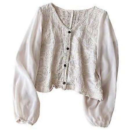 Hæklet blomstret cardigan med udskæringer til kvinder, chiffon mesh puf lange ærmer V-hals enkeltknappet løse bluser crop top abrikos (abrikos)