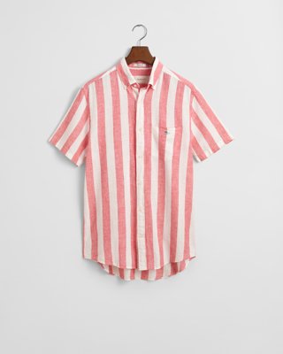 GANT - Regular fit stripete kortermet skjorte i bomullslin til herre brick red