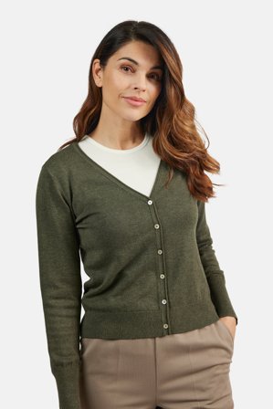 JENSEN - Cardigan V-hals - Oliven Melange
