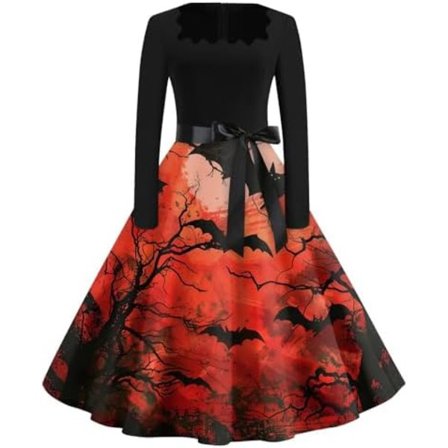 BTBDYDH Halloween Klänning Retro Långärmad V-ringad Klänning Utsvängd Vintage Hepburn Klänningar Pumpa Fladdermus Häxa Tryckt Cosplay Party Kostym 