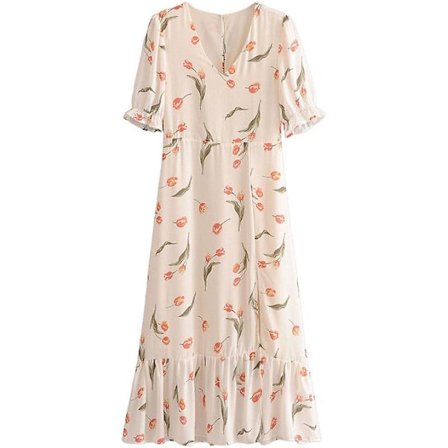 V-hals Volang Tulipankjole med korte blomstrete ermer