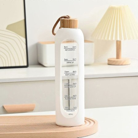 Glasvandflaske med silikonehylster Vandflaske med tidsmarkeringer Klart borosilikatglas Overvåg dit daglige vandindtag 1 liter - Hvid