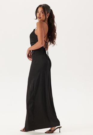 Bubbleroom Occasion - Tie Back Satin Gown - Black - Kläder
