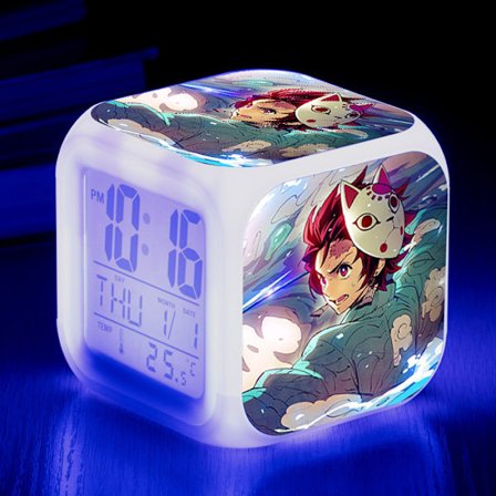 Wekity Anime Ghost Slayer Farverig Vækkeur LED Firkantet Ur Digital Vækkeur med Tid, Temperatur, Alarm, Dato
