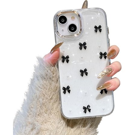 Skal för iPhone 15, Bling Glitter 3D Rosett Telefonfodral Sött Glittrigt Kristallklart Rosett Slim Mjukt Tåligt Skyddande Skal