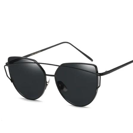 Nytt mode Cat Eye Vintage Rose Gold Spegel Damsolglasögon Metall Reflekterande Flat Lens Tourism Solglasögon Flerfärgad stil black-black