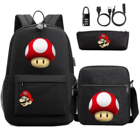 3 stk Super Mario 3d Print Usb Anti-tyverilås Ungdomsstuderende rygsæk - Mænd og kvinder Casual rejsetaske 10