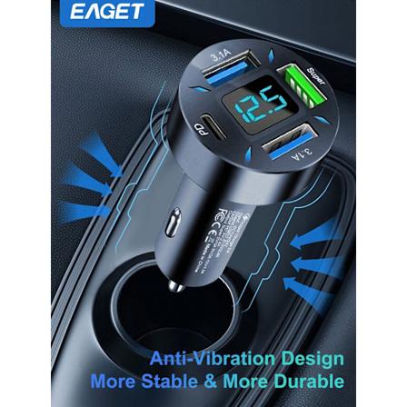Eaget 4 Portar Usb Billaddare Med Spänningsvisning Pd 3.0 & Qc 3.0 Biltelefonladdare Kompatibel Med Iphone, Samsung, Ipad Och Telefontabletter Black 
