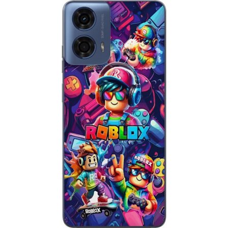 Kompatibel Mobilcover til Motorola Moto G04 Farverig Roblox gaming gruppe med hovedtelefoner, controllere og neonfarver perfekt til børn og gaming ent