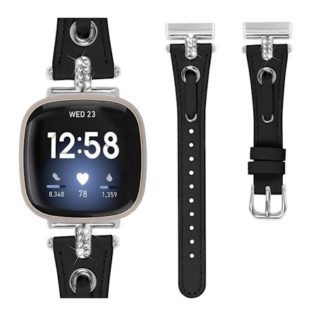 Fitbit Versa 3/4 læderurrem med T-formet Rhinestone-design Black