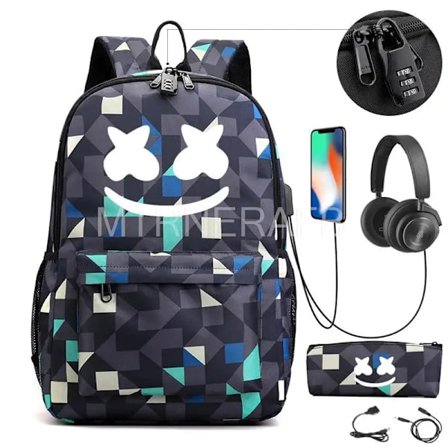 DJ Marshmello Ryggsekker for tenåringer gutter jenter 2 stk Skolesekk USB-lading med tyverisikring og vanntett lerret Casual Mochilas~02522