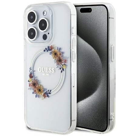 Guess IML Flowers Wreatch MagSafe iPhone 15 Pro Max-etui - gjennomsiktig