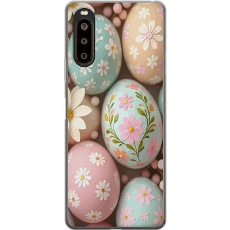 Yhteensopiva Puhelinkuori Sony Xperia 10 II Pastellivärisiä pääsiäismunia, joissa on käsimaalatut kukat ja keväinen tunnelma pehmeässä korist