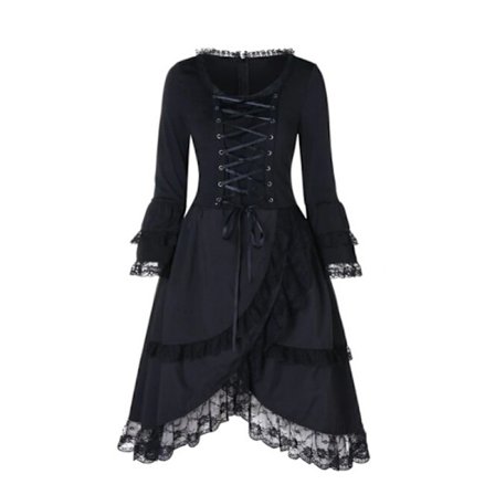 Klänning - spets - retro dam långärmad spets volang midi dre