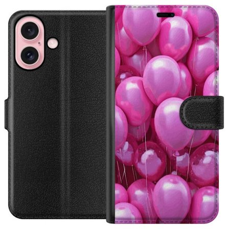 Kompatibelt Plånboksfodral till Apple Apple iPhone 16 Rosa ballonger glansigt festligt motiv som för tankarna till födelsedag firande kärlek och g