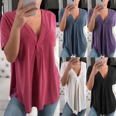 Dam Casual Summer V-ringad Lös Enfärgad T-shirt S-5xl