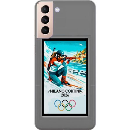 Kompatibelt Mobildeksel til Samsung Galaxy S21 Retroplakat Cortina Milano 2026 med fjell, vintersportsutøvere, italienske trikolor, Milano-katedralen