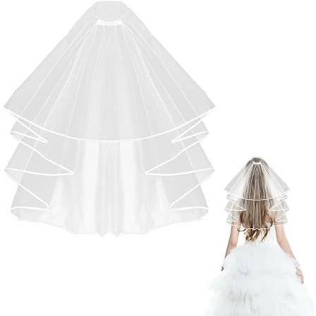 Dubbelskiktad brudslöja med satinkant (vit under 60 cm), brudhuvudbonad med hårkam, fotobröllopsklänning, svensexa