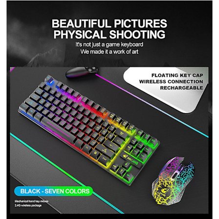 T87 Trådlöst tangentbord och mus-set, 87-tangenters mekanisk känsla tangentbord, spelmus RGB Uppladdningsbart multimedia PC datortangentbord