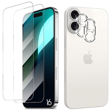 Skärmskydd och objektiv - Härdat glas - för iPhone 16 - 2 glas - Stötålig - Repfast