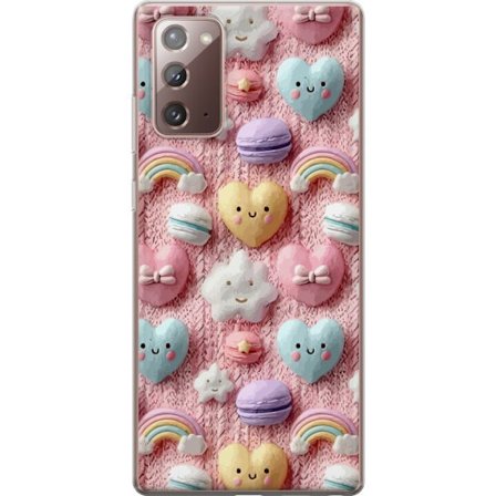 Kompatibelt Mobildeksel til Samsung Galaxy Note20 Pastellmotiv med hjerter, skyer, regnbuer og makroner mot rosa bakgrunn i en søt drømmende stil.