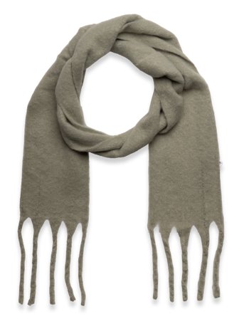 Lindex Scarf Big Fringe Skinny - Khaki green - ONE SIZE