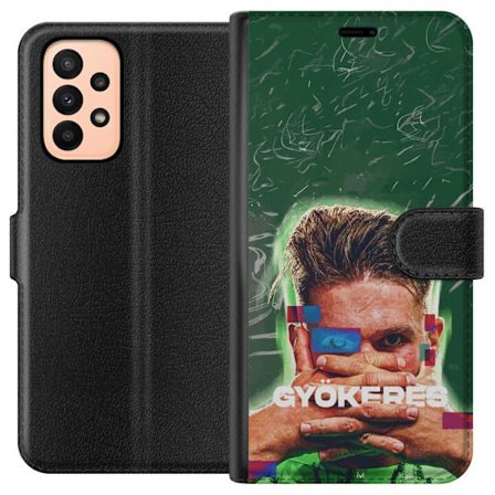 Yhteensopiva Lompakkokotelo Samsung Galaxy A23 Lamine Yamal Barcelonan pelipaidassa, jossa on neonvaloja ja punaisia ja sinisiä salamoita dramaattises